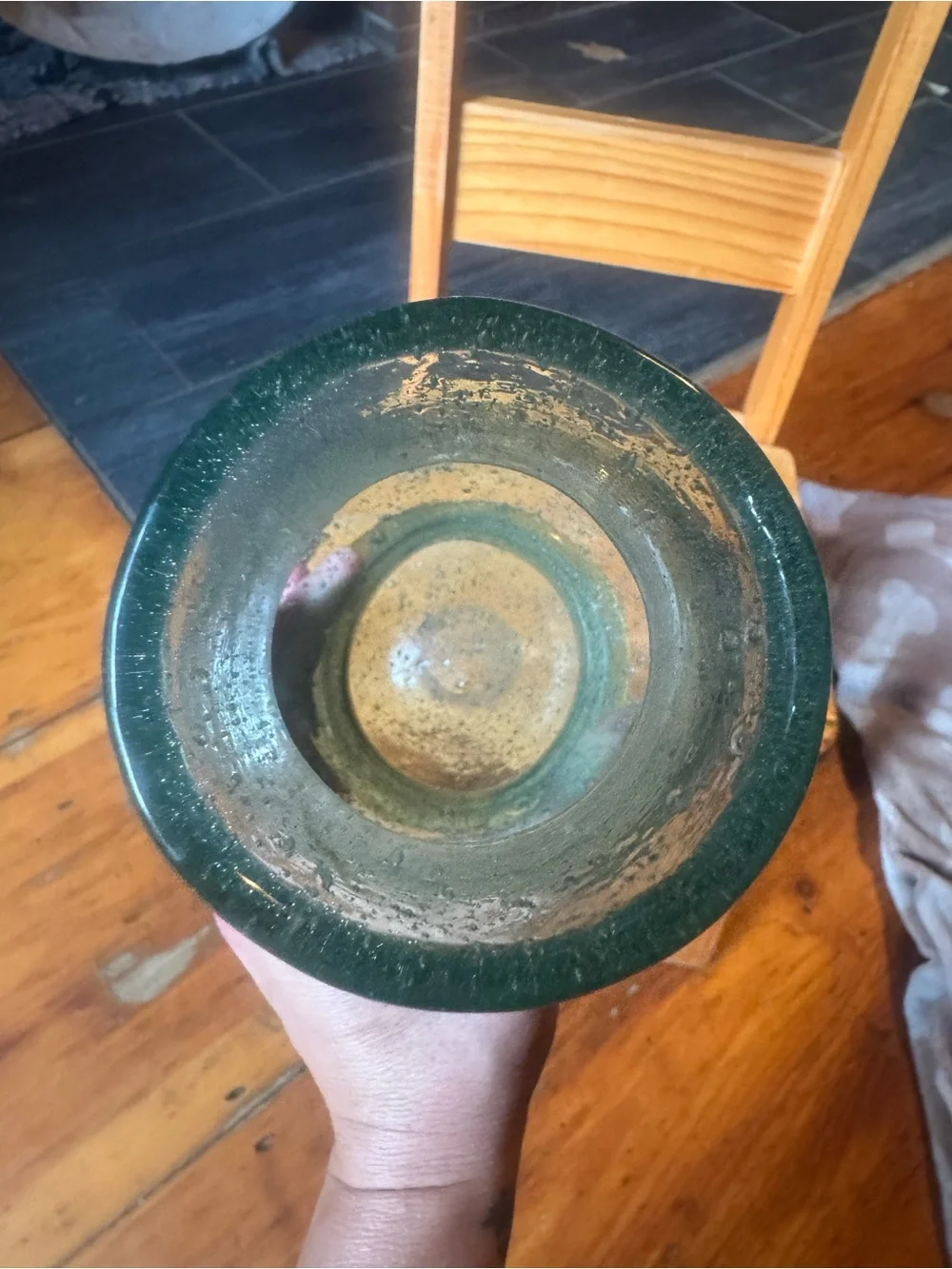 Aqua bubble glass handblown vase with boat etching very rare HTF EUC